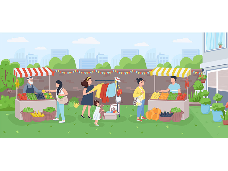 Urban farmer market flat color vector illustration