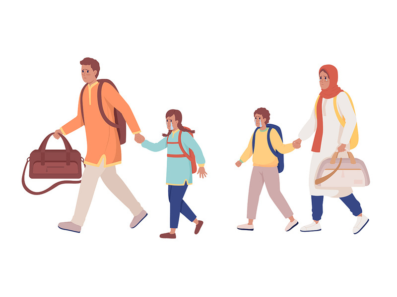 Family running away from bombing and shelling flat color vector characters