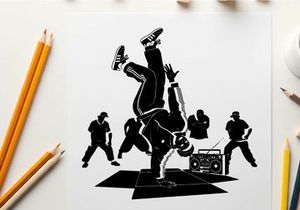 Breakdancing silhouette performance with boombox and crew