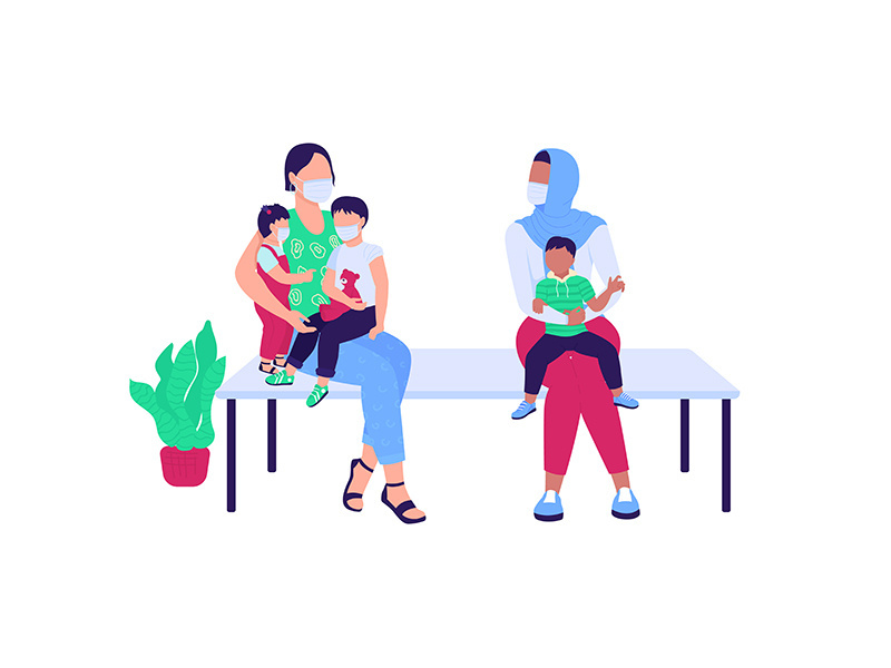 Women with children waiting in hospital flat color vector faceless characters