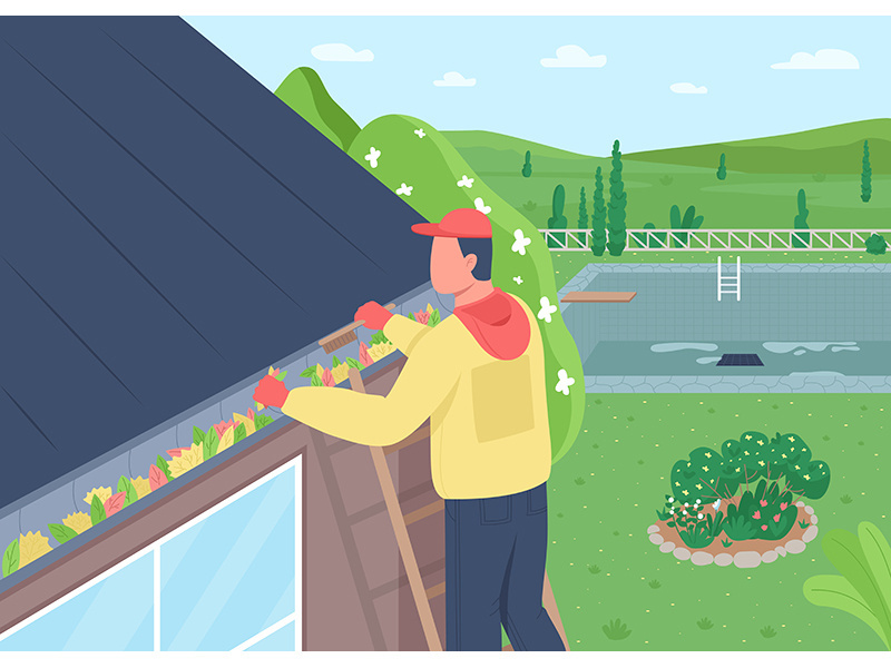 Cleaning leaves from house roof flat color vector illustration