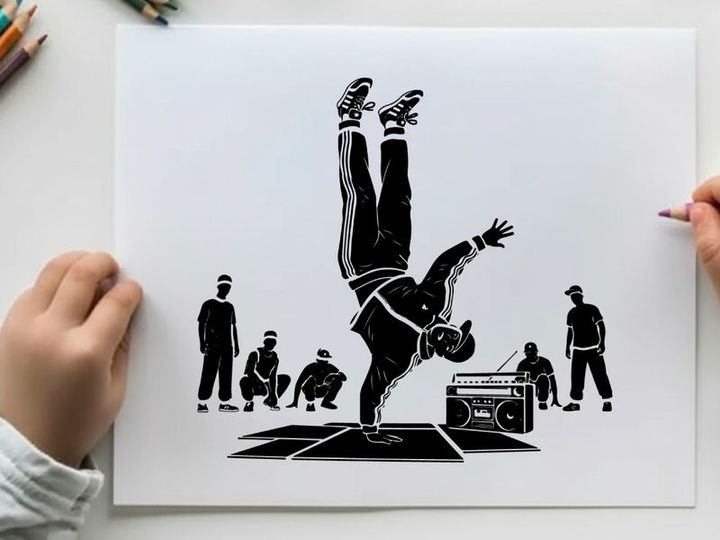 Breakdancer in silhouette performs dynamic move with friends