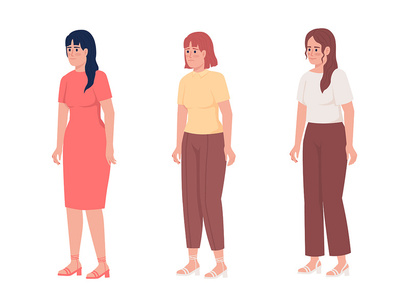 Women with different emotional states semi flat color vector characters set