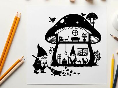 Whimsical silhouette of a gnome near a mushroom house with birds
