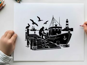 Silhouette of man by boat at dock with lighthouse and seagulls preview picture