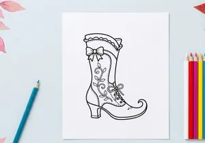 Cute cartoon elf shoe with curly toe and bow. Whimsical holiday footwear illustration for festive designs.