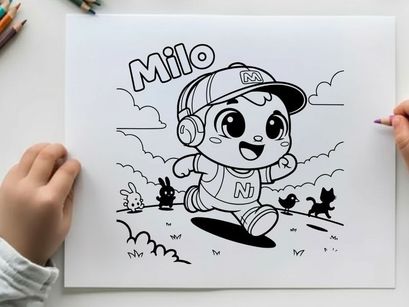 Cute cartoon boy with pets running vector illustration