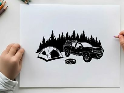 Camping silhouette scene with truck and tent in forest