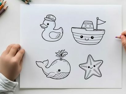 Cute sea animals and pirate ship flat design vector illustration