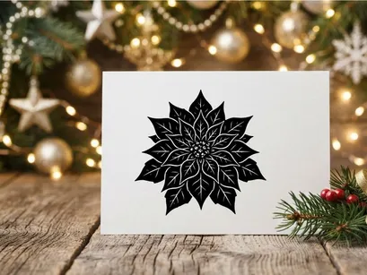 Black and white poinsettia flower illustration for Christmas holiday design projects.