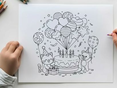 Birthday party celebration with cat and teddy bear vector illustration