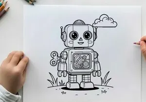 Cute robot thinking in nature flat design vector illustration