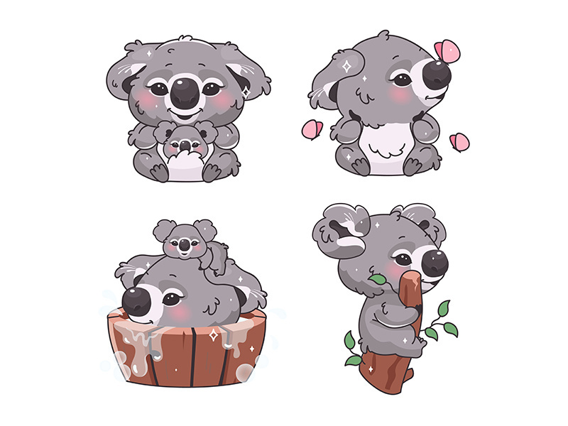 Cute koala bear kawaii cartoon vector characters set