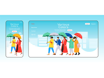 Various color umbrellas landing page flat color vector template preview picture