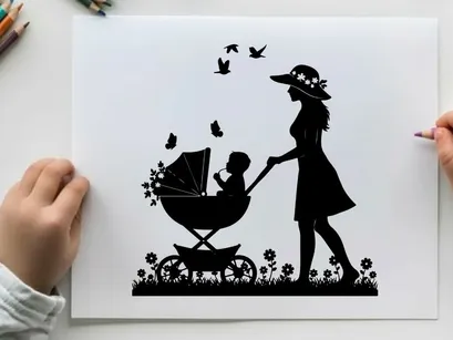 Silhouette of woman pushing baby stroller in garden with flowers