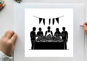 Silhouette of people at a buffet table with bunting