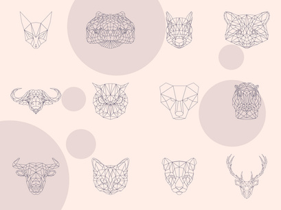 Geometric line animals set, Low poly line animals set, vector illustration