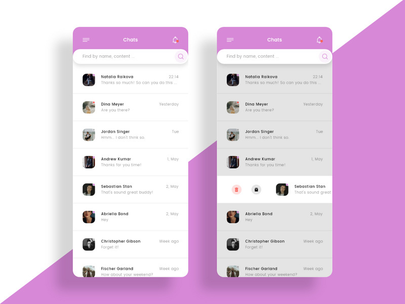 Chat list and Chat actions screens concept for Social app