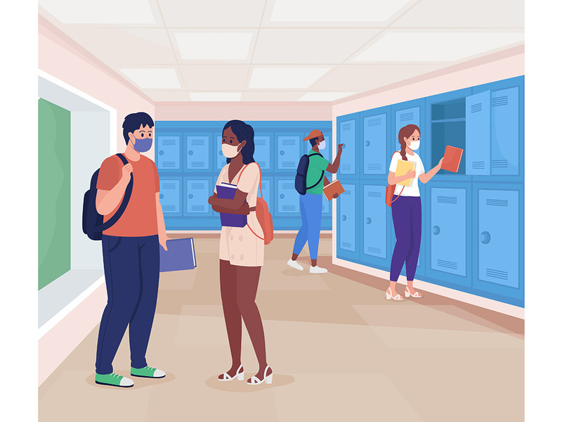 High school hallway flat color vector illustration