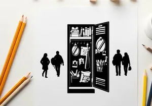Silhouette of people walking past an open refrigerator silhouette