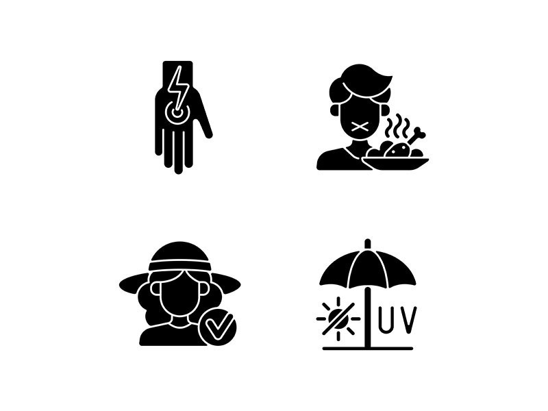 Sunstroke and sunburn black glyph icons set on white space
