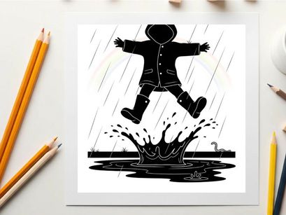 Silhouette of a child jumping in a puddle on a rainy day