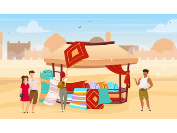 Tourists choosing persian rugs flat vector illustration preview picture