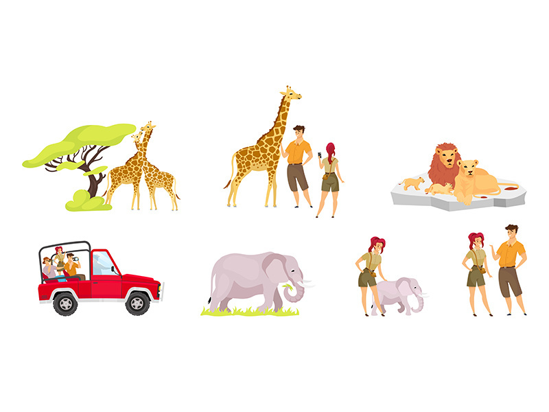 African expedition flat vector illustrations set