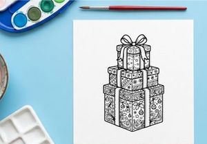 Pilha de caixas de presente de Natal com laços, ilustração em arte de linha preto e branco.