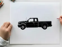 Silhouette of a black pickup truck with a long bed and two doors