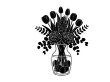 Silhouette of tulips and flowers in a vase on white background