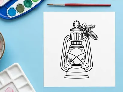 Farol vintage dibujado a mano con ramita de pino para decoración navideña de nicho festivo