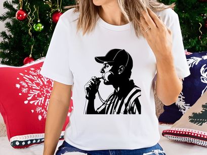 Referee blowing whistle in black and white illustration