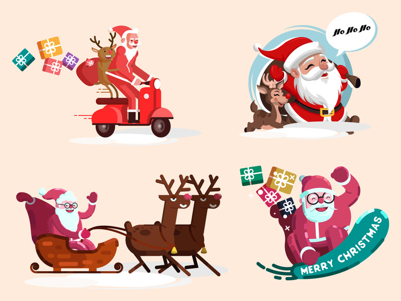 Santa claus character deers illustration, merry christmas holiday cartoon
