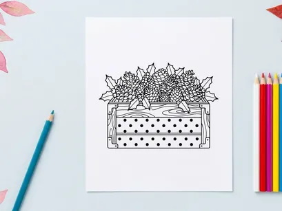 Christmas pine cones and holly leaves in a wooden crate line art illustration
