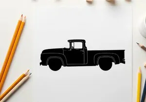 Silhouette of a classic old pickup truck against a white background