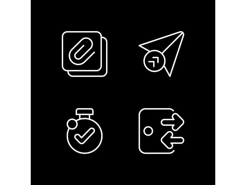 Mobile application interface white linear icons set for dark theme