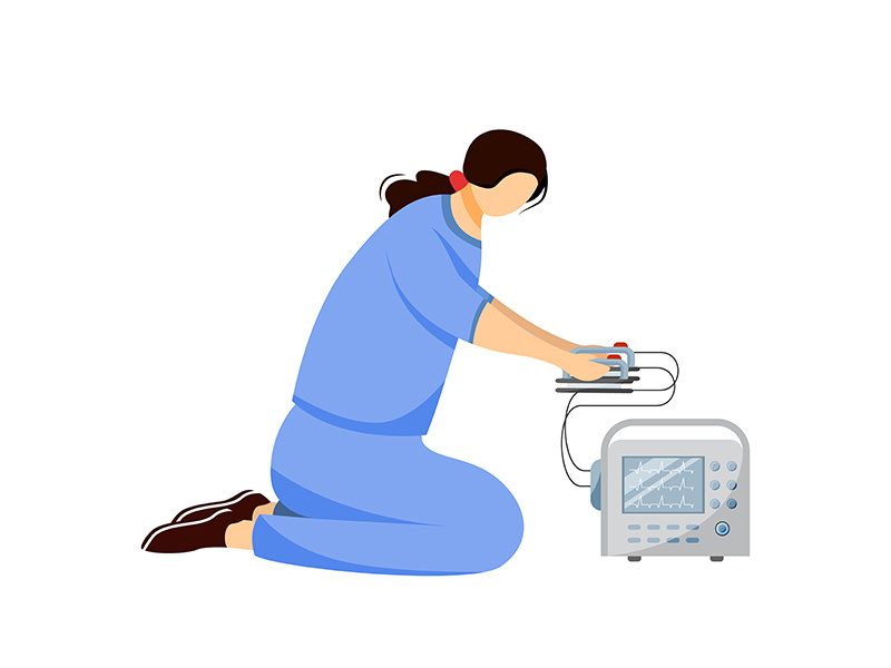 Emergency doctor with defibrillator flat vector illustration