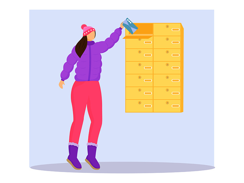 Woman in winter clothes receives letter flat color vector illustration