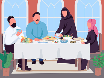 Muslim family dinner flat color vector illustration preview picture