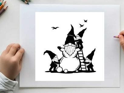 Three gnomes building a snowman silhouette in winter wonderland scene