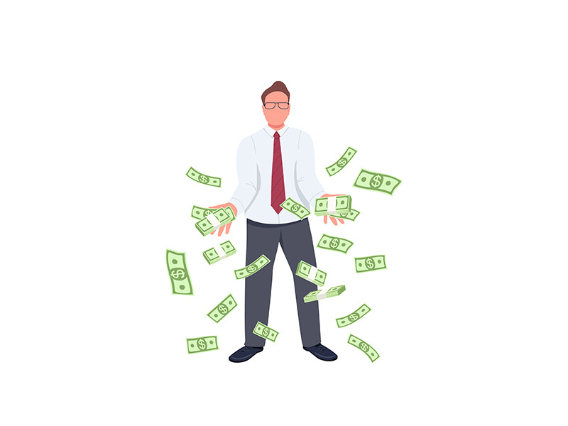 Office worker throwing money up flat color vector faceless character