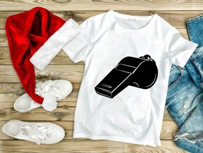 A black plastic whistle with a distinctive shape and three horizontal lines