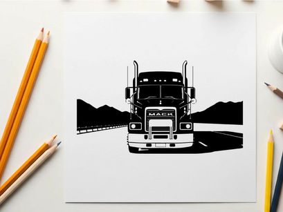 Mack truck silhouette on a deserted highway at dusk
