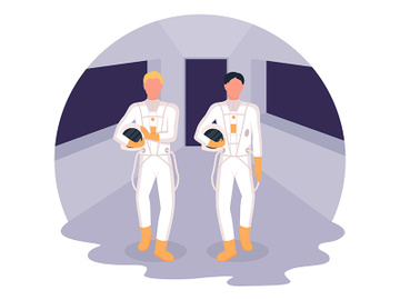 Astronauts heading to spaceship 2D vector web banner, poster preview picture