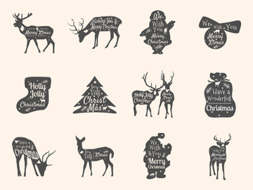 typography retro lettering inside deer, christmas monochrome silhouette tree. preview picture