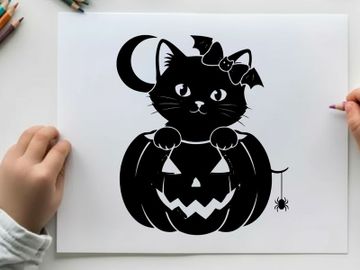 Black cat sitting on jack o lantern silhouette with bat bow and crescent moon preview picture