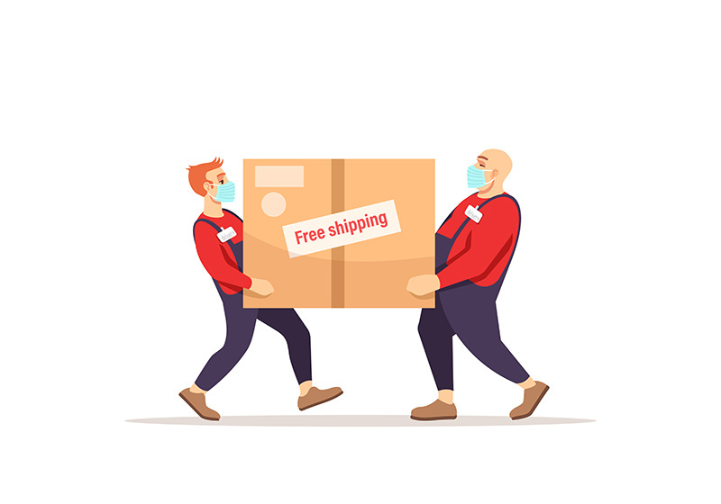 Delivery men in surgical masks semi flat RGB color vector illustration