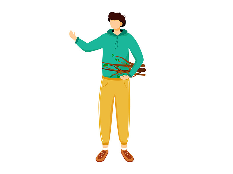 Boy collects firewood flat vector illustration