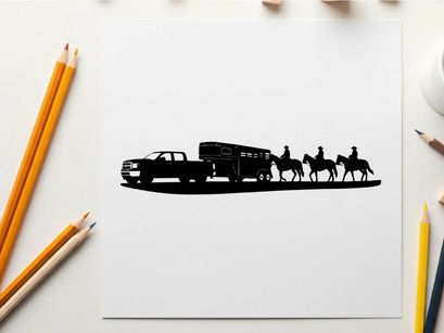 Silhouette of a pickup truck towing a horse trailer with two riders on horseback